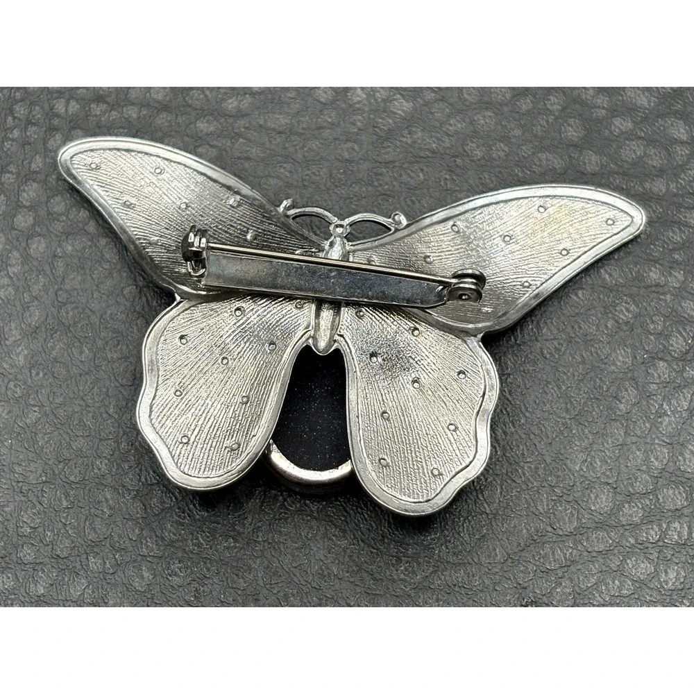Vintage Silver Tone Butterfly Brooch Pin Dark Blue Goldstone Glitter Cabochons